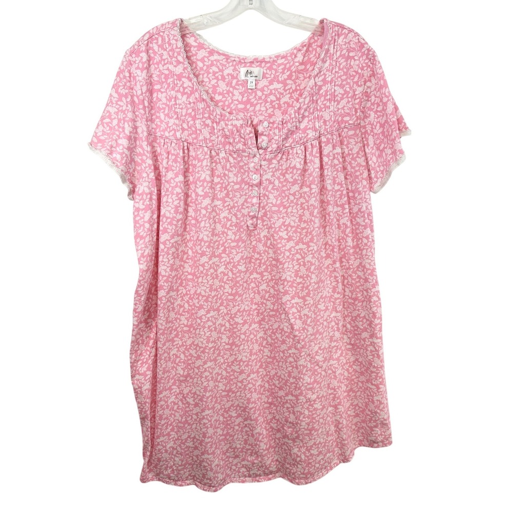 Aria Collection Plus Size 2X Nightgown Pink Floral Cotton Lace Cottagecore 1533